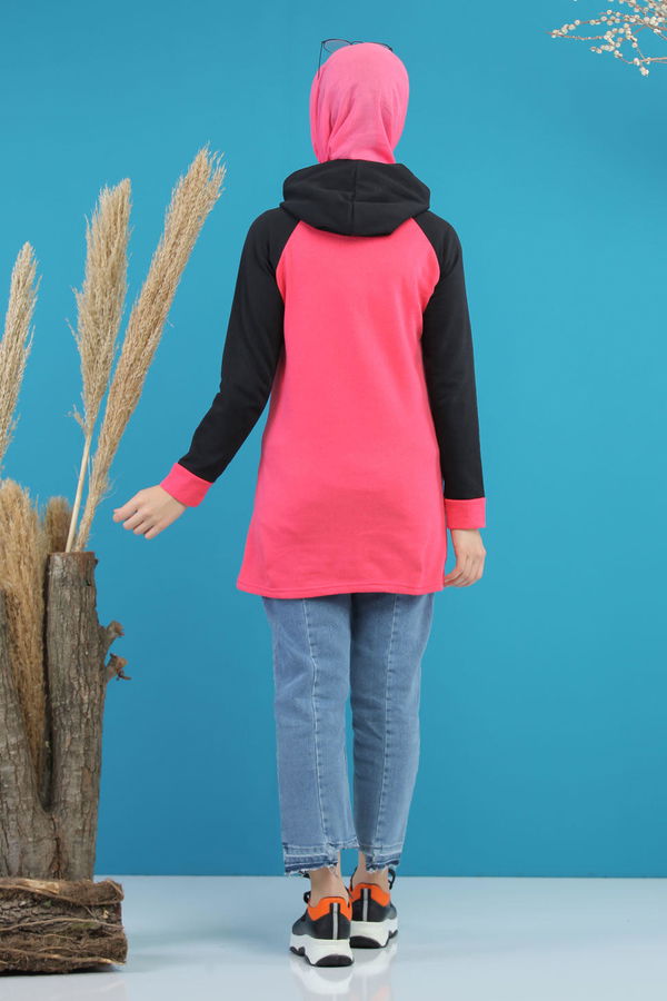 Düz Orta Kadın Pembe Kapşonlu Baskılı Tunik Siyah  - 7769 PEMBE