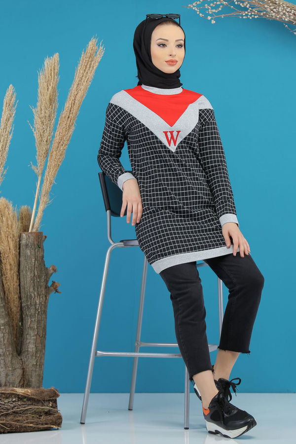 Düz Orta Kadın Siyah Desenlı Tunik Siyah - 4106 - 4106 SİYAH