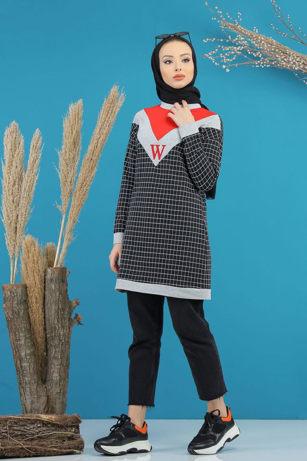 Düz Orta Kadın Siyah Desenlı Tunik Siyah - 4106 - 4106 SİYAH