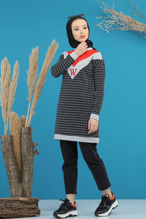 Düz Orta Kadın Siyah Desenlı Tunik Siyah - 4106 - 4106 SİYAH