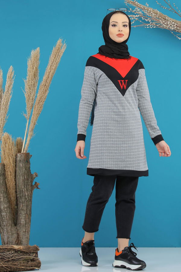 Düz Orta Kadın Gri Desenlı Tunik Gri - 4106 - 4106