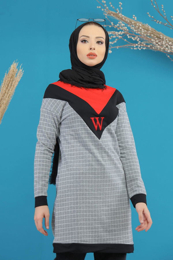 Düz Orta Kadın Gri Desenlı Tunik Gri - 4106 - 4106