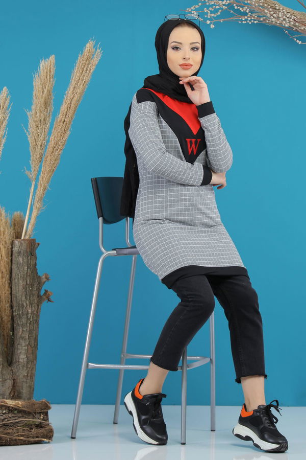 Düz Orta Kadın Gri Desenlı Tunik Gri - 4106 - 4106