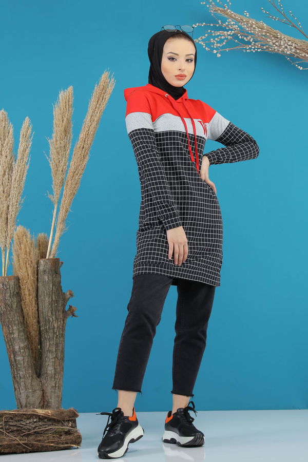 Düz Orta Kadın Siyah Kapşonlu Tunik Siyah - 4105 - 4105