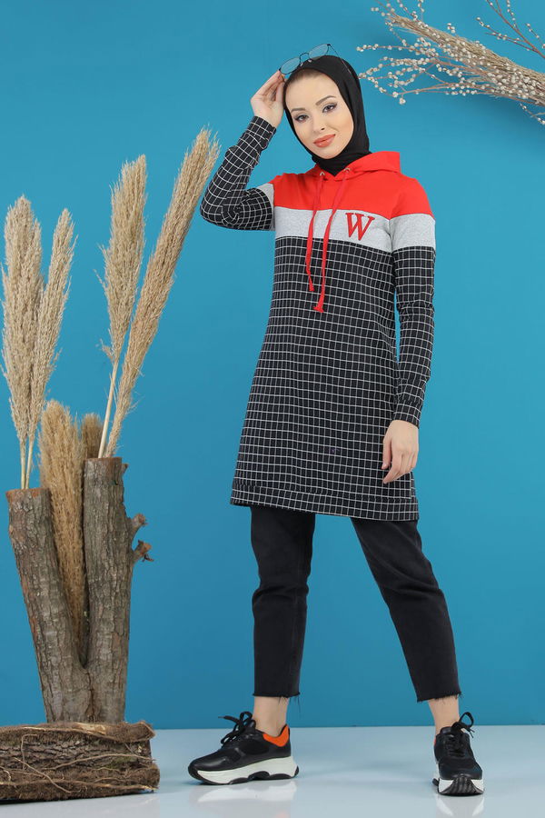 Düz Orta Kadın Siyah Kapşonlu Tunik Siyah - 4105 - 4105