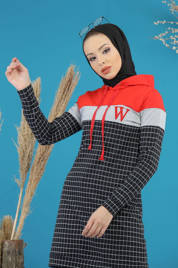 Düz Orta Kadın Siyah Kapşonlu Tunik Siyah - 4105 - 4105