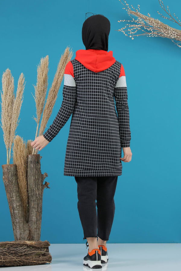 Düz Orta Kadın Siyah Kapşonlu Tunik Siyah - 4105 - 4105