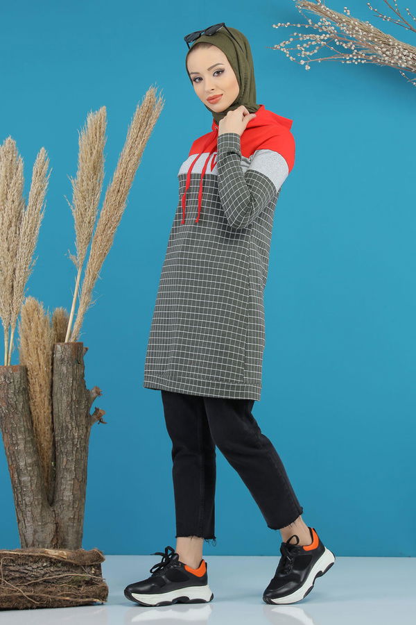 Düz Orta Kadın Haki Kapşonlu Tunik Haki - 4105 - 4105