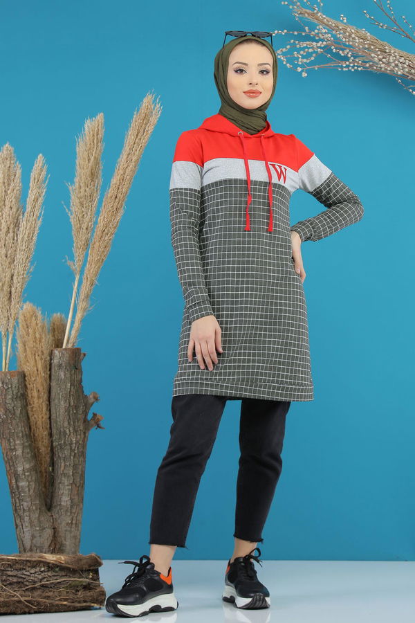 Düz Orta Kadın Haki Kapşonlu Tunik Haki - 4105 - 4105