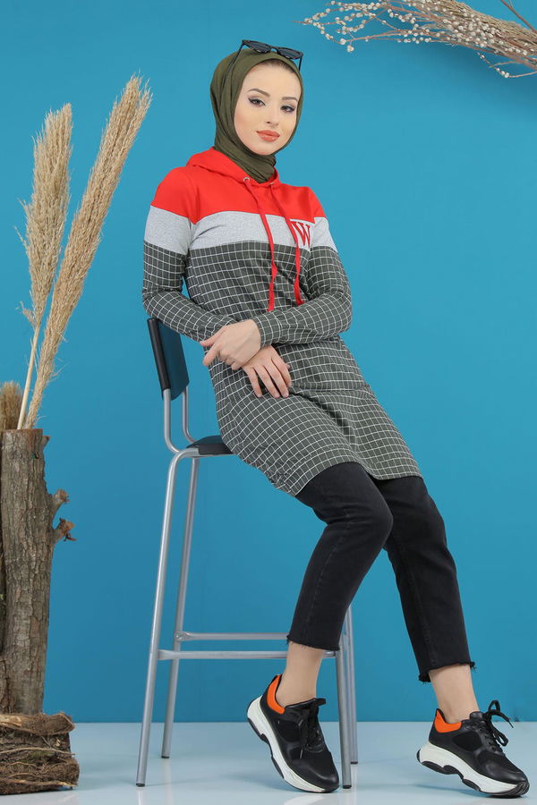 Düz Orta Kadın Haki Kapşonlu Tunik Haki - 4105 - 4105