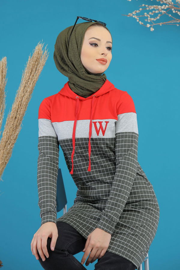 Düz Orta Kadın Haki Kapşonlu Tunik Haki - 4105 - 4105