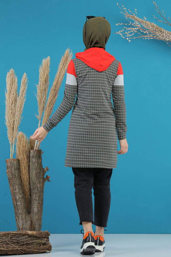 Düz Orta Kadın Haki Kapşonlu Tunik Haki - 4105 - 4105