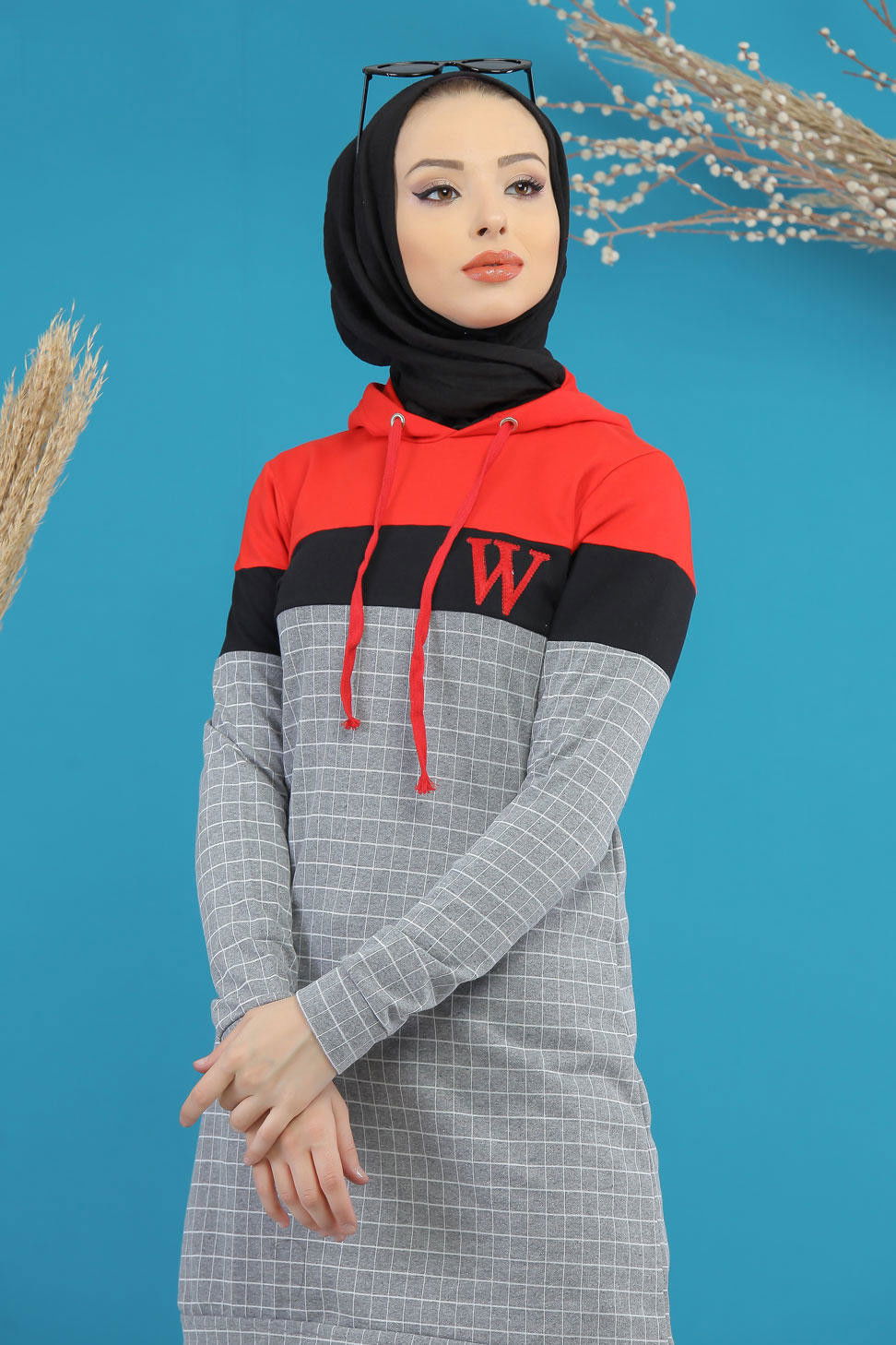 Düz Orta Kadın Gri Kapşonlu Tunik Gri - 4105 - 4105