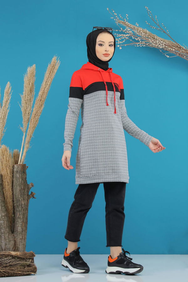 Düz Orta Kadın Gri Kapşonlu Tunik Gri - 4105 - 4105