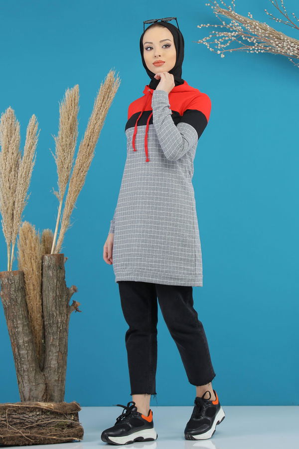 Düz Orta Kadın Gri Kapşonlu Tunik Gri - 4105 - 4105