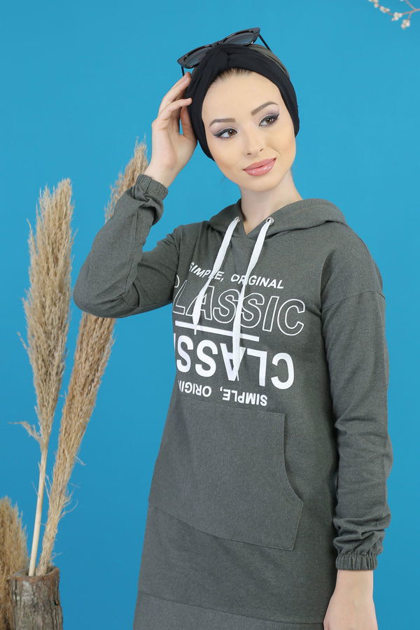 Düz Orta Kadın Haki Kapşonlu Baskılı Tunik Siyah  - 4111 HAKİ