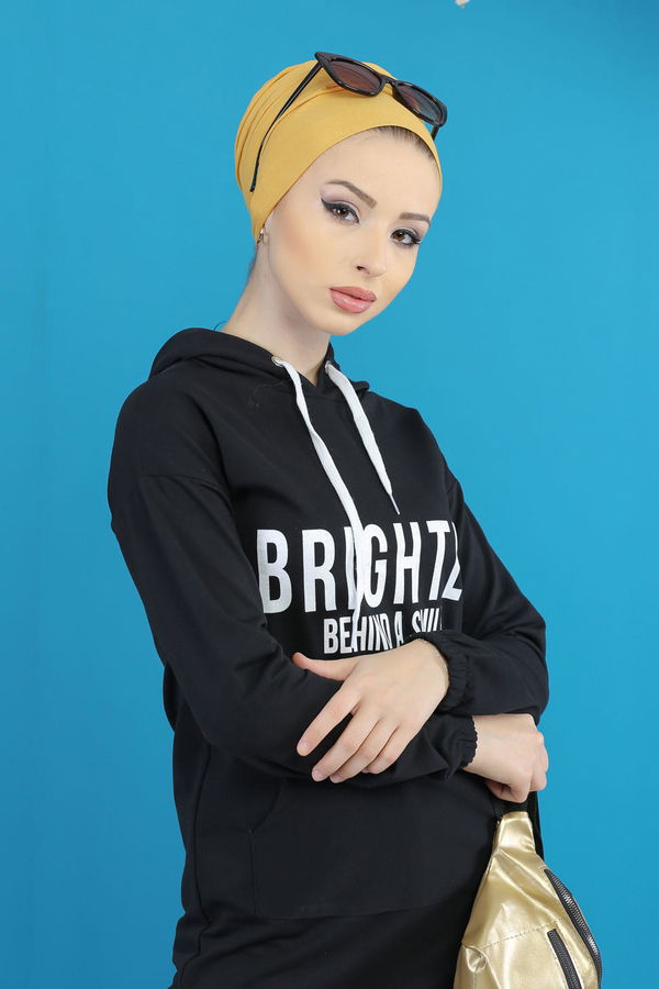 Düz Orta Kadın Siyah Kapşonlu Baskılı Tunik Siyah  - 4110 SİYAH