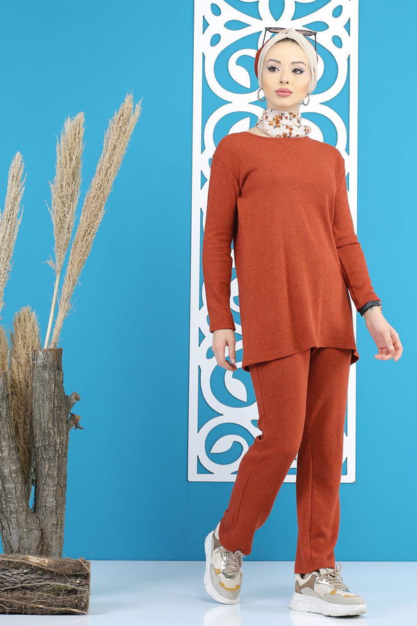 Düz Orta Kadın Kiremit Tunik Pantolon Siyah  - 5170 KİREMİT