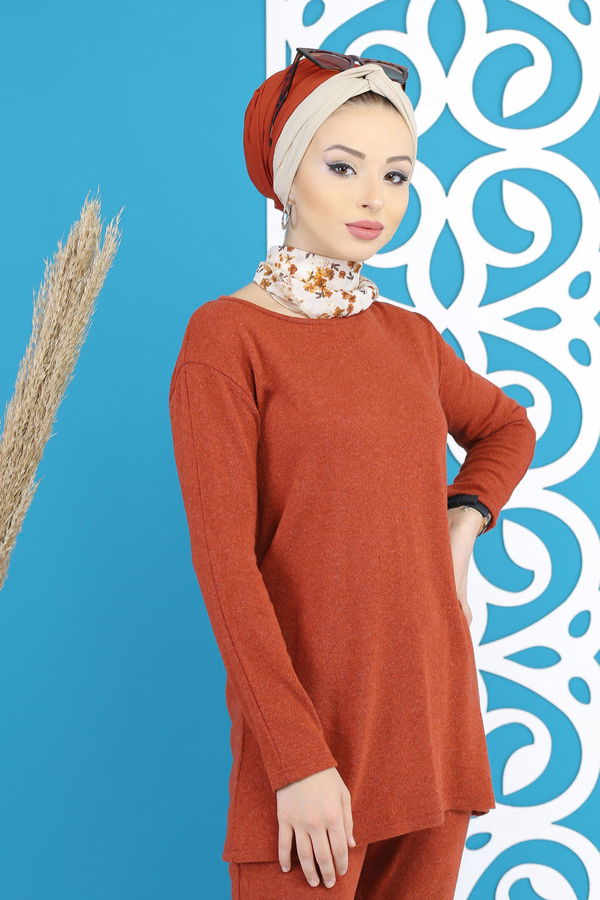 Düz Orta Kadın Kiremit Tunik Pantolon Siyah  - 5170 KİREMİT