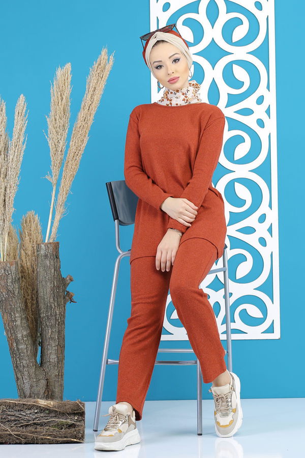 Düz Orta Kadın Kiremit Tunik Pantolon Siyah  - 5170 KİREMİT