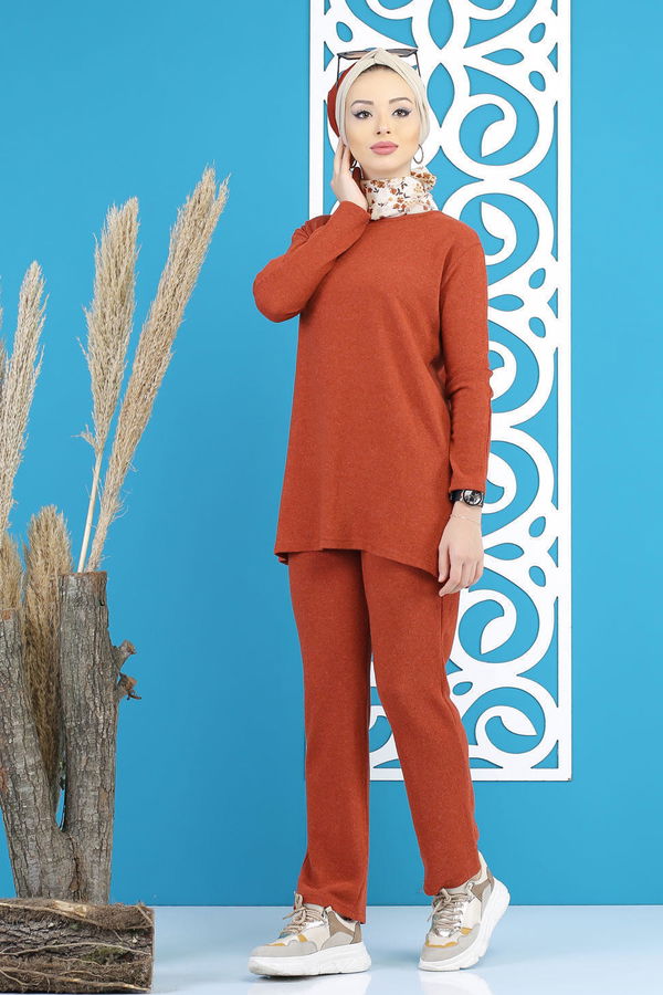 Düz Orta Kadın Kiremit Tunik Pantolon Siyah  - 5170 KİREMİT