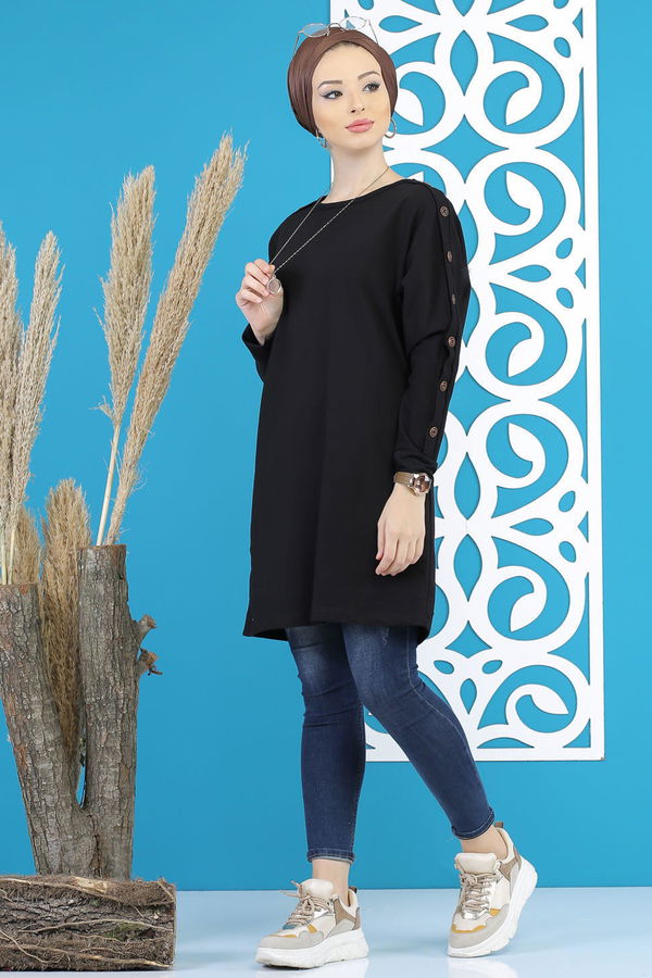 Düz Orta Kadın Siyah Dügme Detay Tunik Siyah  - 7790