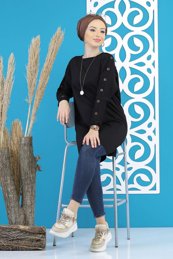 Düz Orta Kadın Siyah Dügme Detay Tunik Siyah  - 7790