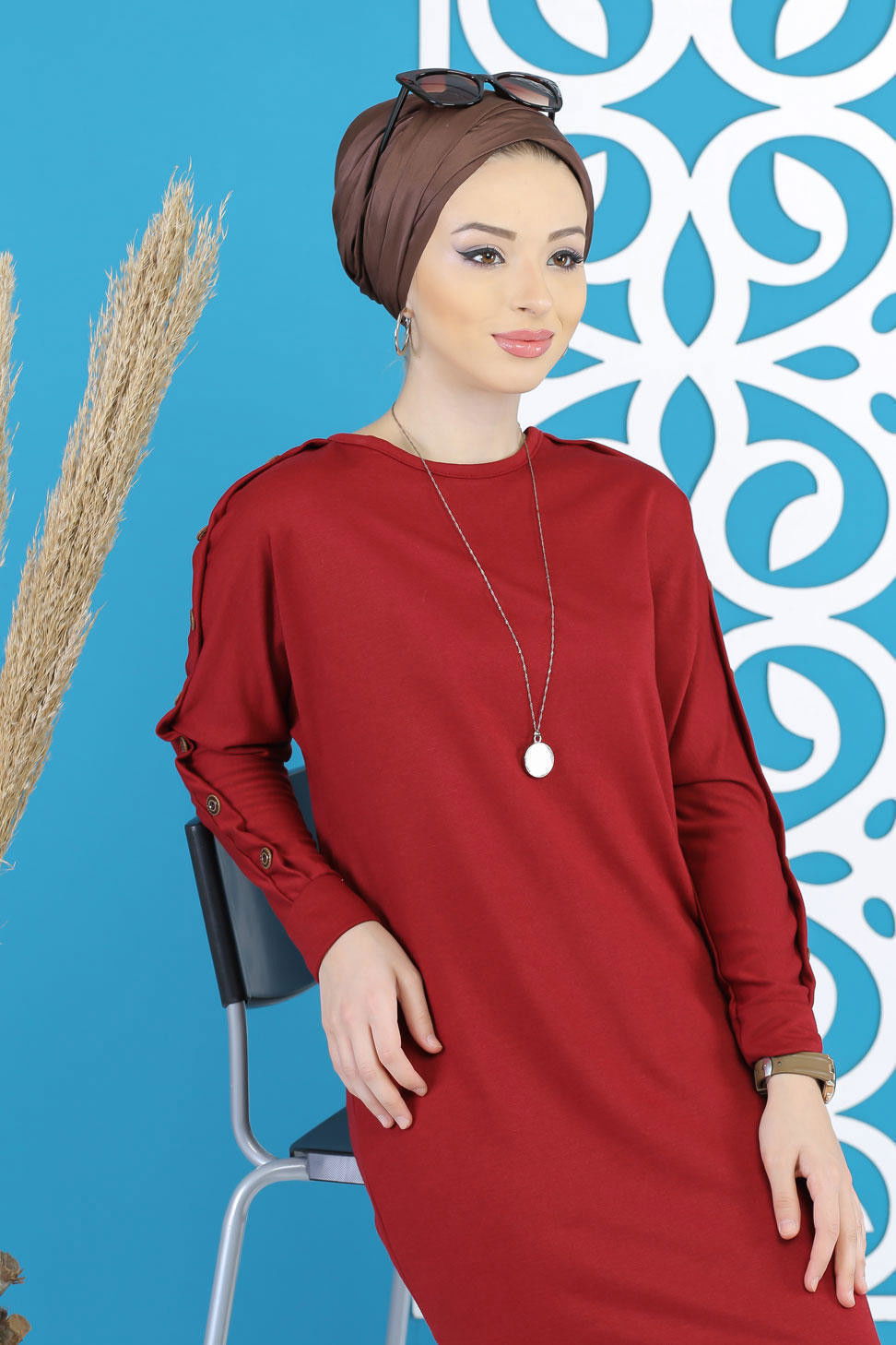 Düz Orta Kadın Bordo Dügme Detay Tunik Siyah  - 7790 BORDO