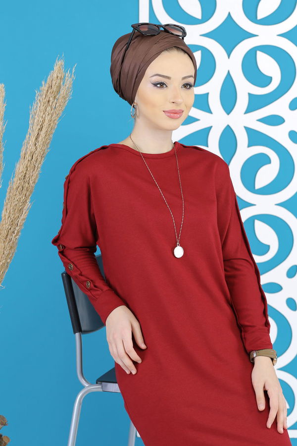 Düz Orta Kadın Bordo Dügme Detay Tunik Siyah  - 7790 BORDO