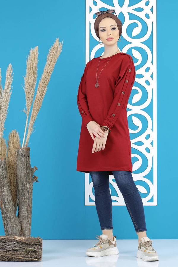 Düz Orta Kadın Bordo Dügme Detay Tunik Siyah  - 7790 BORDO