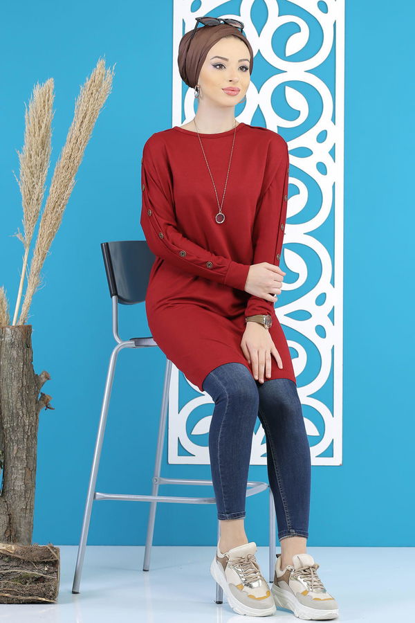 Düz Orta Kadın Bordo Dügme Detay Tunik Siyah  - 7790 BORDO
