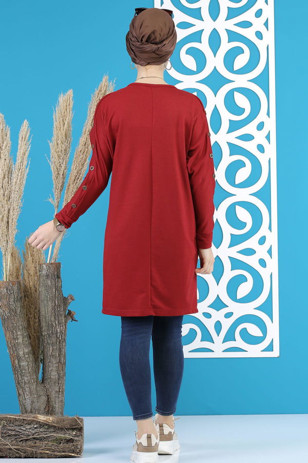 Düz Orta Kadın Bordo Dügme Detay Tunik Siyah  - 7790 BORDO