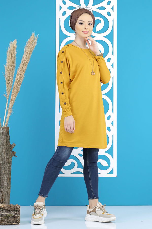 Düz Orta Kadın Sarı Dügme Detay Tunik Siyah  - 7790 Sarı