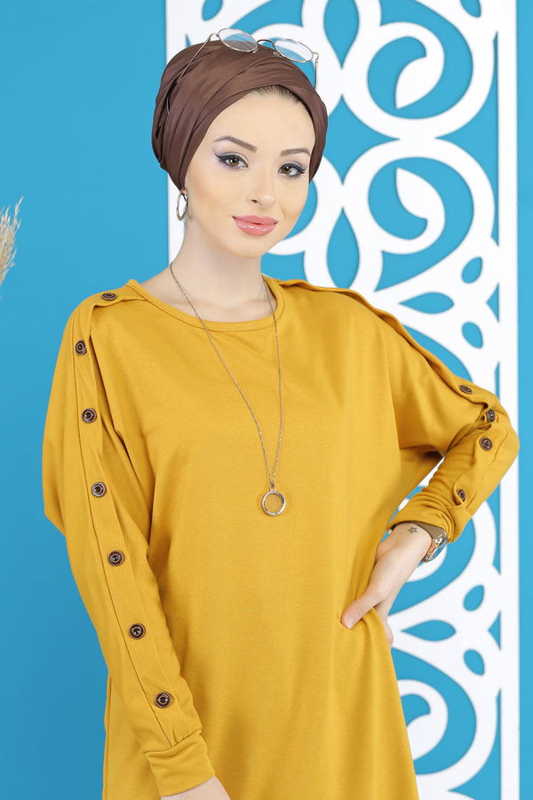Düz Orta Kadın Sarı Dügme Detay Tunik Siyah  - 7790 Sarı