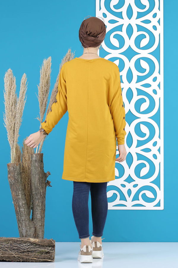 Düz Orta Kadın Sarı Dügme Detay Tunik Siyah  - 7790 Sarı