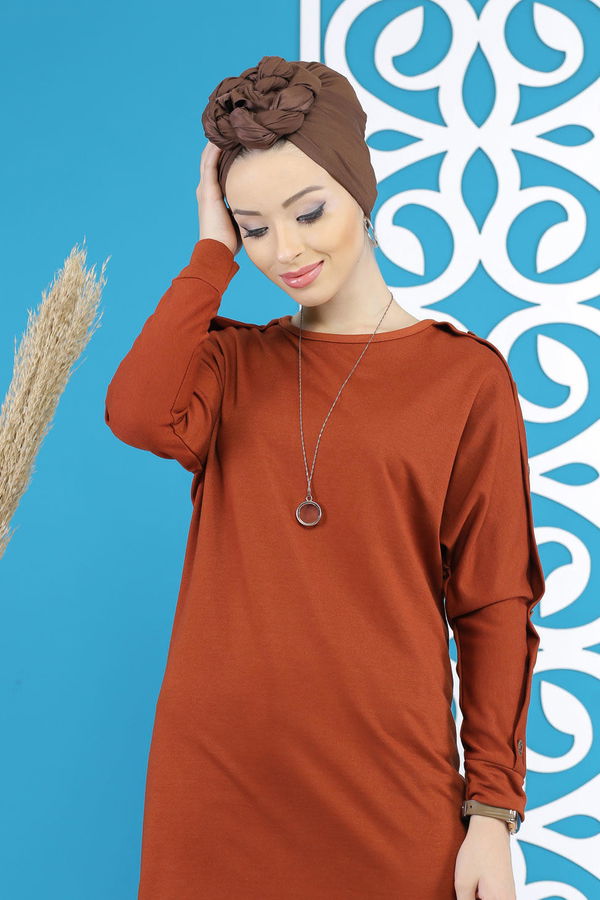 Düz Orta Kadın Kiremit Dügme Detay Tunik Siyah  - 7790 KİREMİT