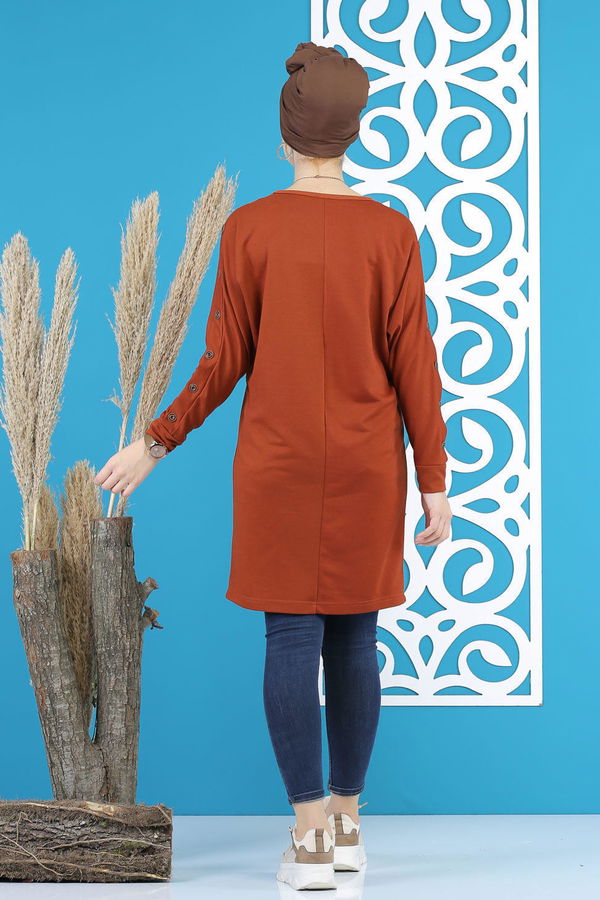 Düz Orta Kadın Kiremit Dügme Detay Tunik Siyah  - 7790 KİREMİT