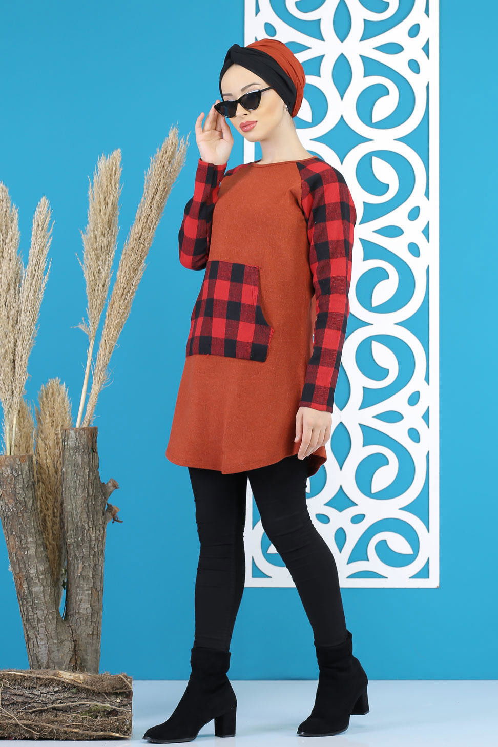 Düz Orta Kadın Kiremit Tunik Siyah  - 5172 KİREMİT