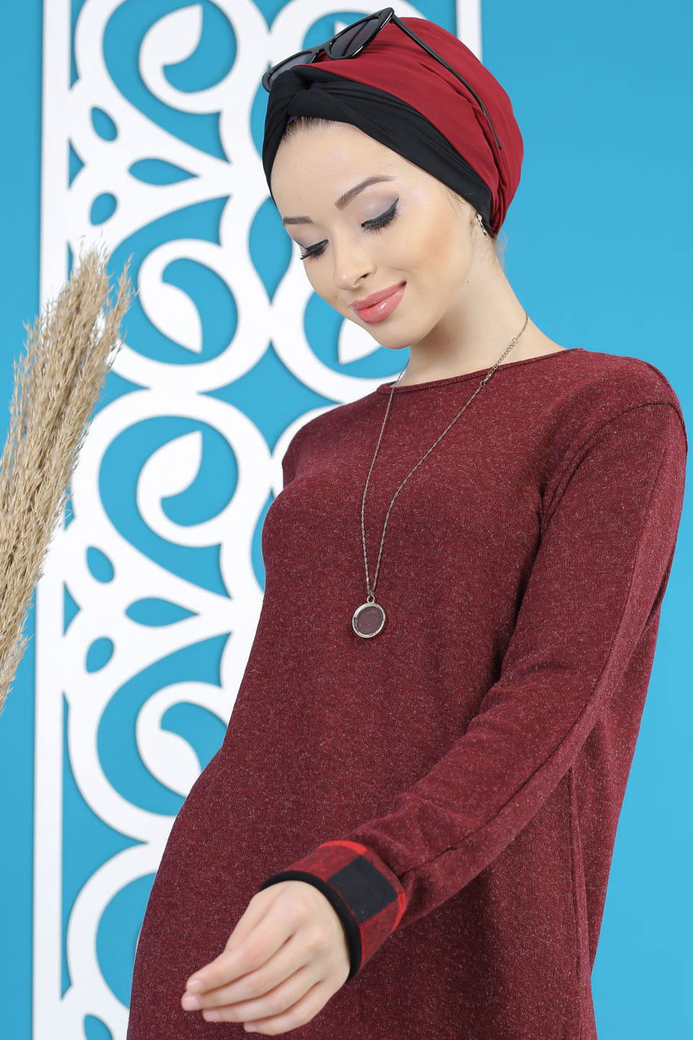 Düz Orta Kadın Bordo Tunik Siyah  - 5171 BORDO