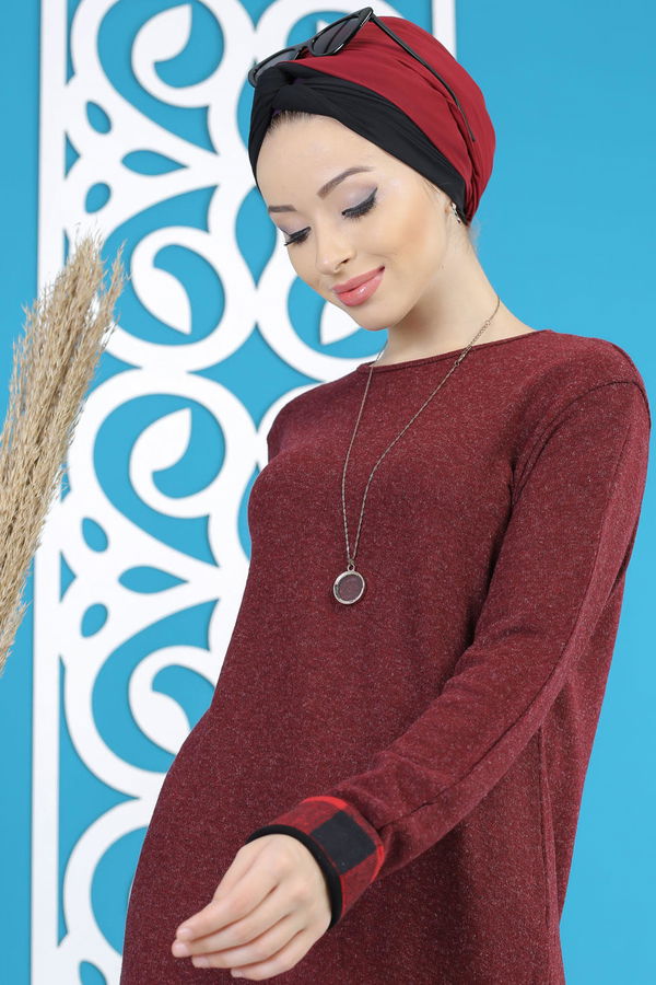 Düz Orta Kadın Bordo Tunik Siyah  - 5171 BORDO