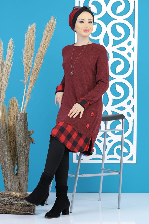 Düz Orta Kadın Bordo Tunik Siyah  - 5171 BORDO