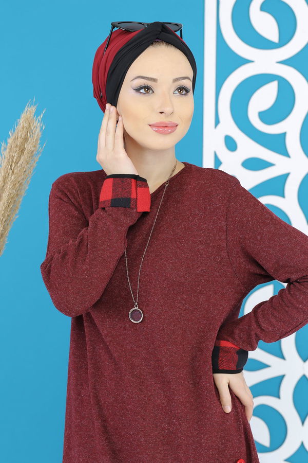 Düz Orta Kadın Bordo Tunik Siyah  - 5171 BORDO