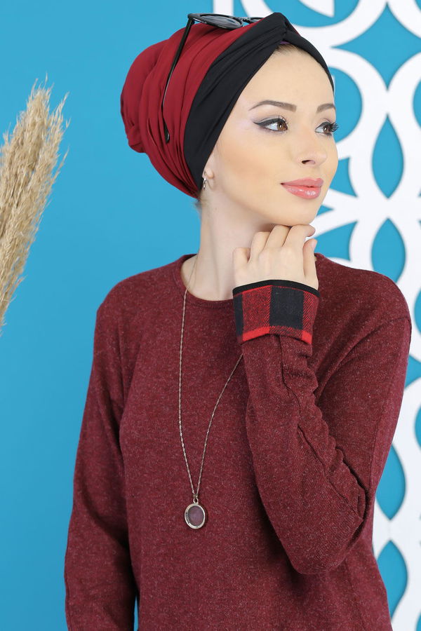 Düz Orta Kadın Bordo Tunik Siyah  - 5171 BORDO