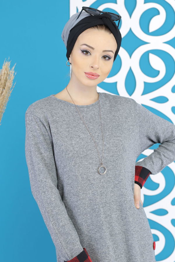 Düz Orta Kadın Gri Tunik Siyah  - 5171 GRİ
