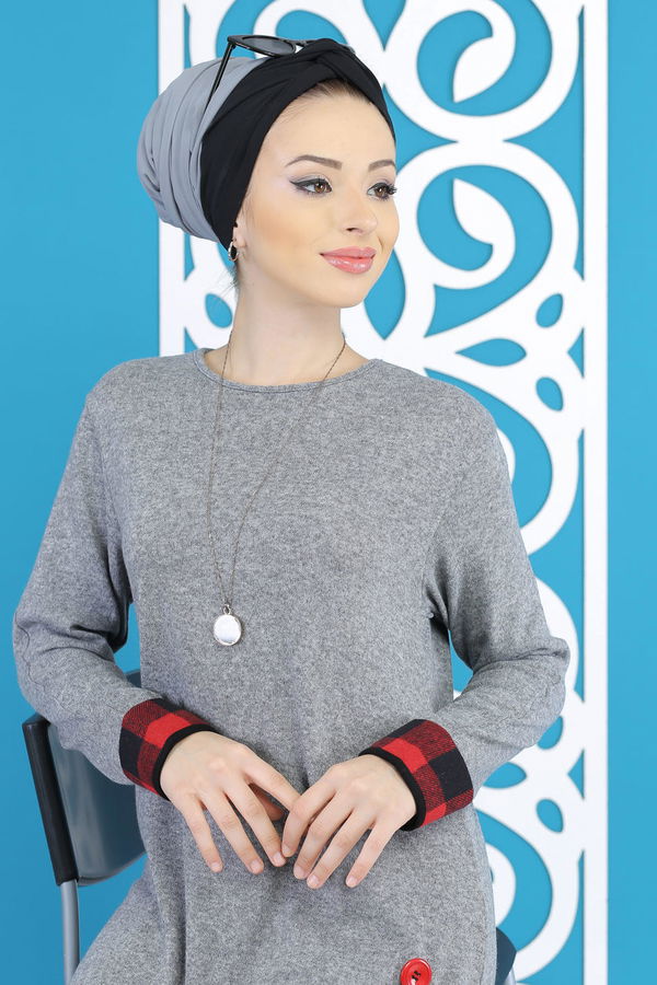 Düz Orta Kadın Gri Tunik Siyah  - 5171 GRİ