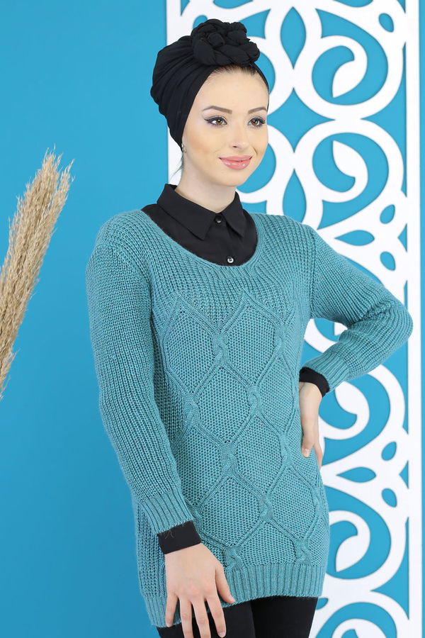 Düz Orta Kadın Yeşil Baklava Desenlı Kazak Siyah  - 7800