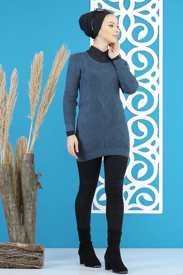 Düz Orta Kadın Lacivert Örme Desenlı Kazak Siyah  - 7799 LACİVERT