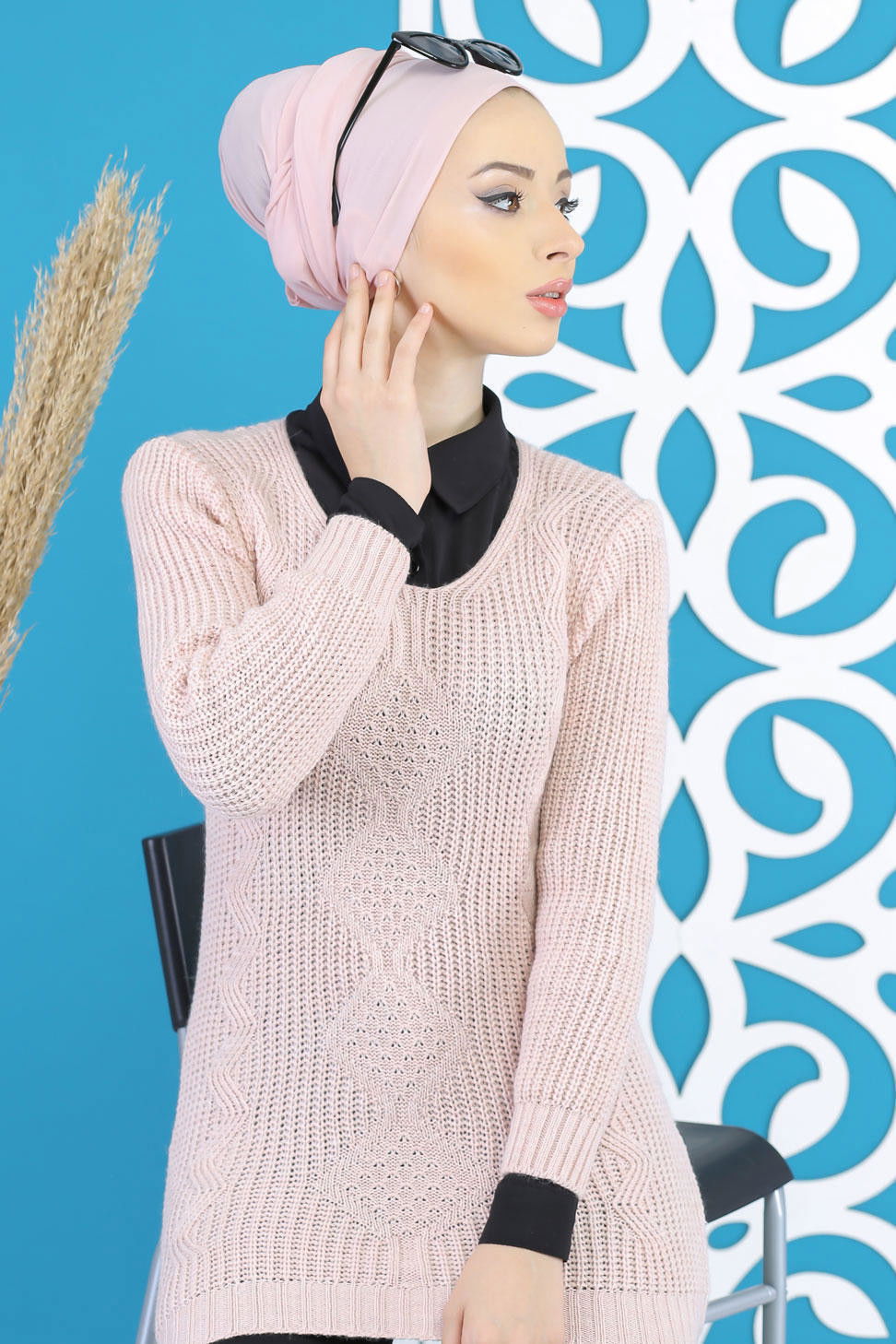 Düz Orta Kadın Pembe Örme Desenlı Kazak Siyah  - 7799 PEMBE