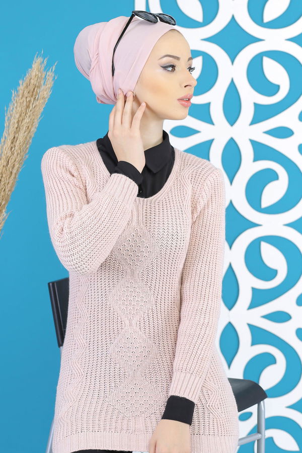 Düz Orta Kadın Pembe Örme Desenlı Kazak Siyah  - 7799 PEMBE