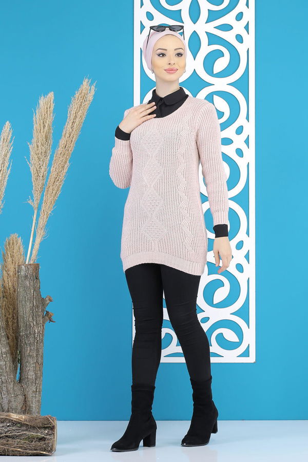 Düz Orta Kadın Pembe Örme Desenlı Kazak Siyah  - 7799 PEMBE